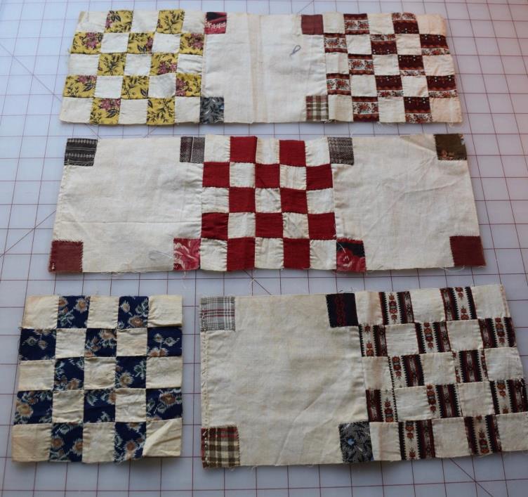 6797 5 antique 1860-70's Postage Stamp quilt blocks, madder, indigo prints