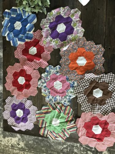 Antique Vintage Lot of 10 Grandmother’s Flower Garden Quilt Blocks Feedsack 11.5