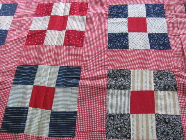 Early 1900's Nine Patch hand stitched quilt top never laundered