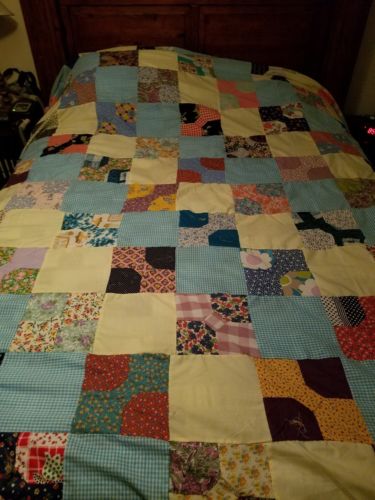 vintage Quilt top bow tie design motif hand stitched gingham d5