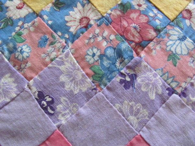 1930s Trip Around the World cotton quilt top hand stitched some feed sack fabric