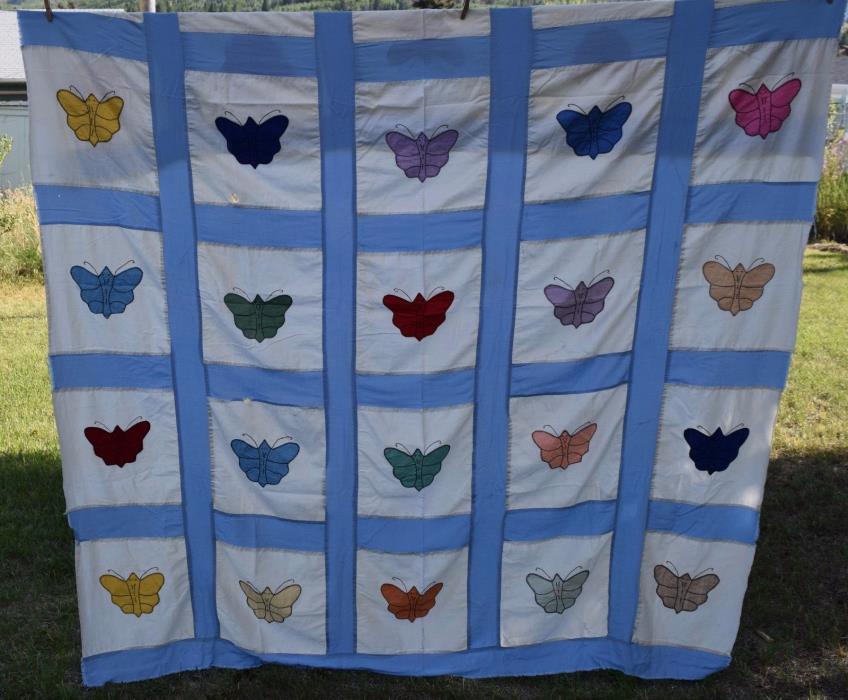 Vintage 1920-30's appliqued Butterfly quilt top, all bright solid colors