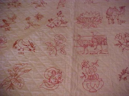 Vintage  QUILT, 90 REDWORK BLOCKS set in RED; BIRDS, FLOWERS, ANIMALS