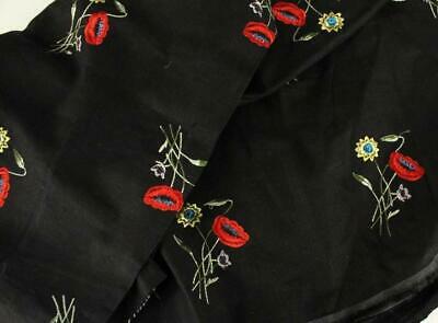 Vintage Fabric Yardage Cotton Floral Embroidery Red Poppy Flowers Black 4YDS 54W