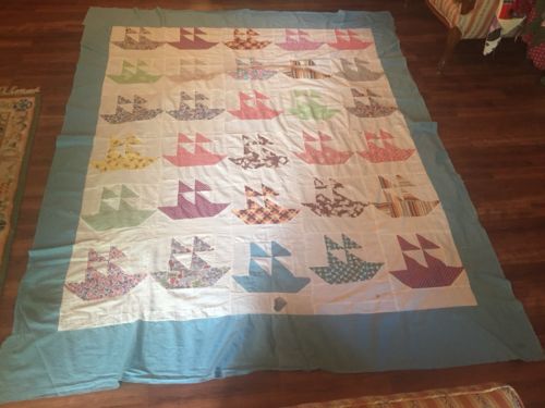Lake Beach c 1940s Sailboats VINTAGE Quilt Top Ship Boat Folk Art As Is 69x87