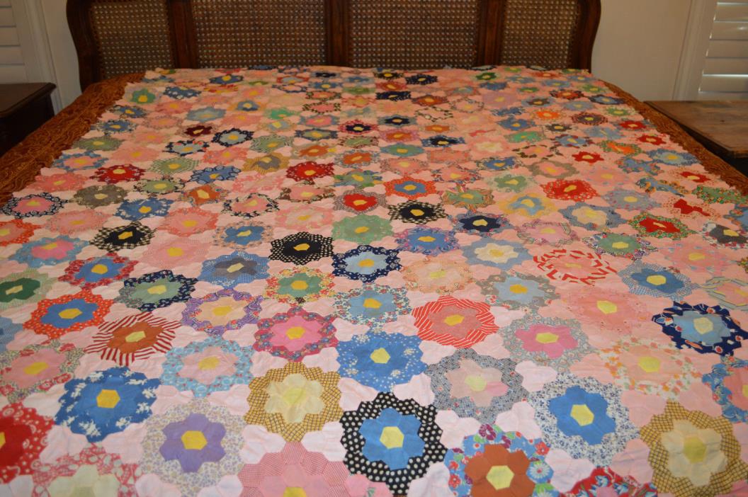 Antique Quilt Hand Stitched Grandmother's Flower Garden Quilt Top Only 224 FLWRS