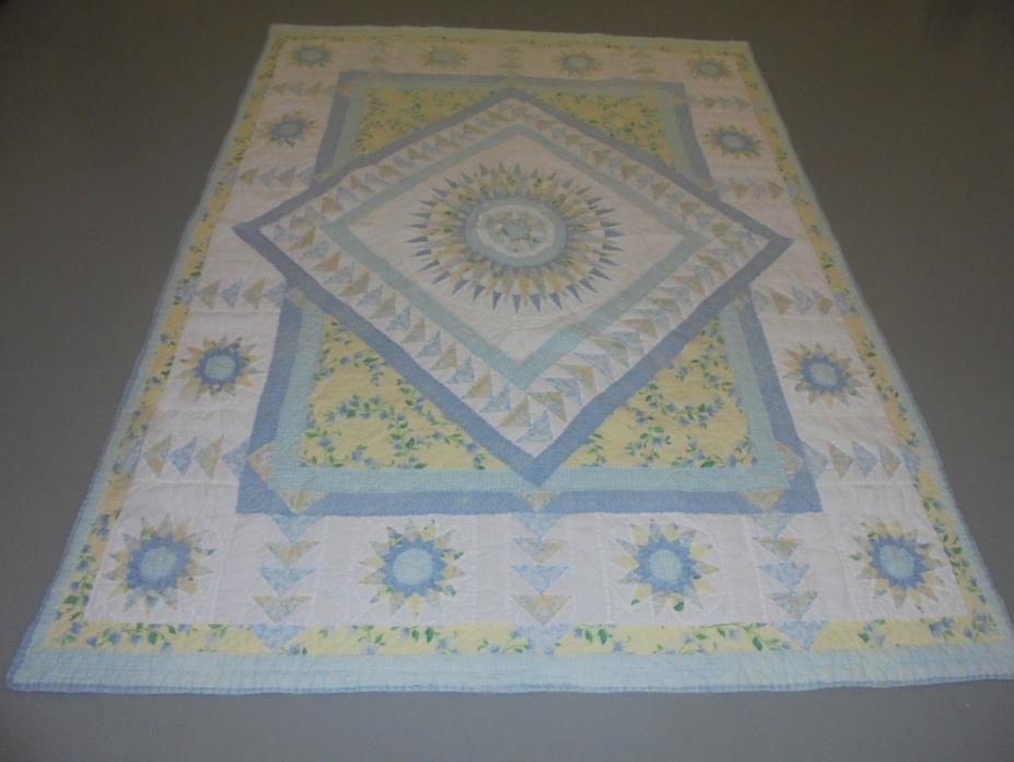 Nice Blue & Yellow Table Top Sunburst & Flying Geese Quilt