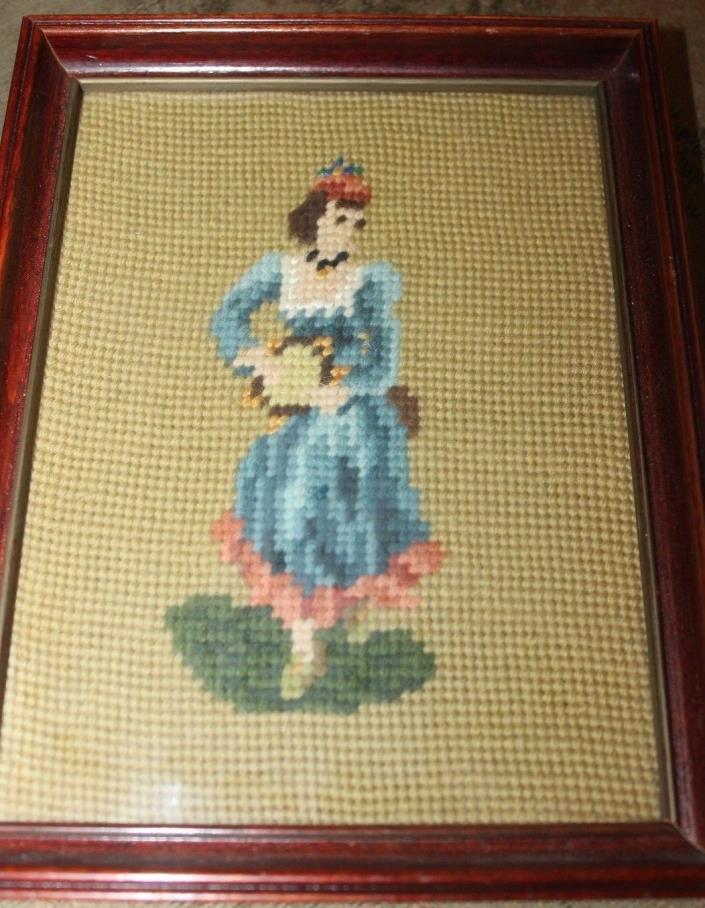 ANTIQUE Framed with Glass, CROSS STITCH ~ Textile Art, Woman Figure ~ 7