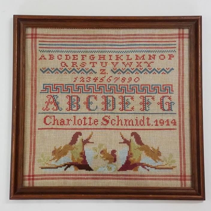 1914 Antique Sampler on Linen Signed with Squirrels in Trees Girlhood Embroidery