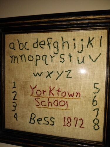 FOLK ART SIGNED BESS DATED 1872 CHILDS SAMPLER CROSS STITCH YORKTOWN SCHOOL RARE