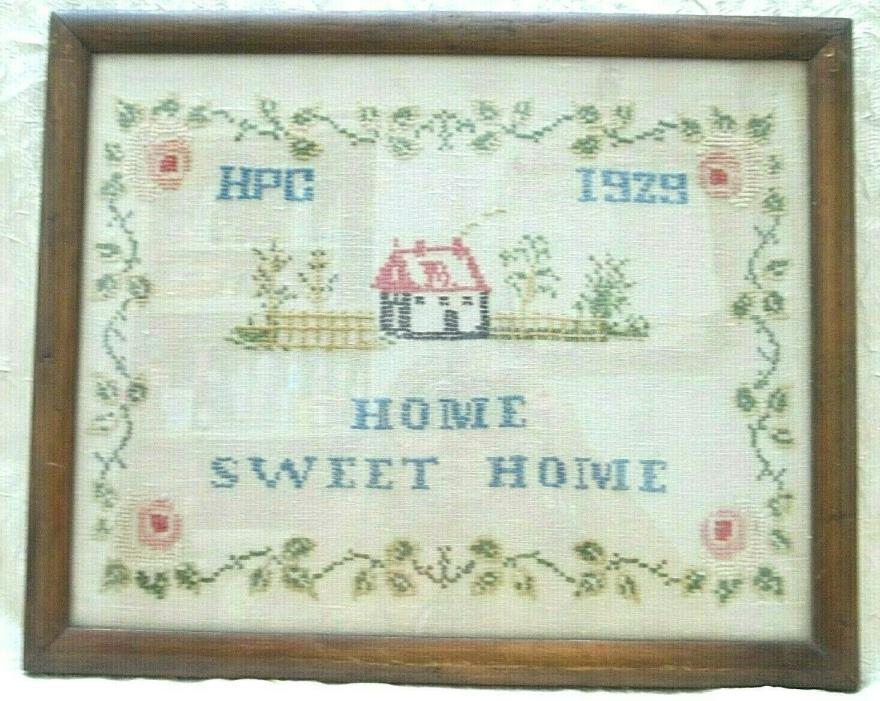 Vintage Antique 1929 Framed Sampler Cross Stitch Needlework Home Sweet Home