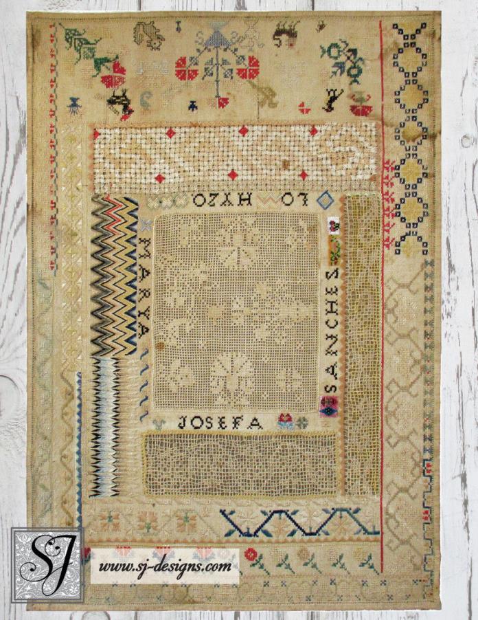c1830 Mexican Sampler with Flame stitch Filet lace cross stitch & beads 14
