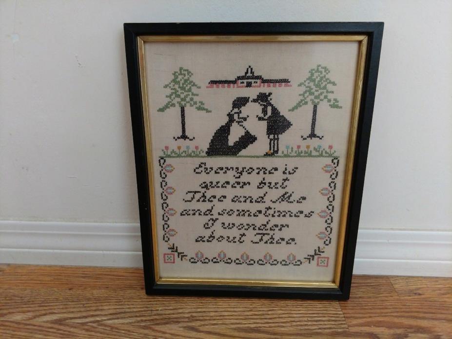 Vintage Antique Framed Sampler Cross Stitch Embroidery Needlework Queer But Thee