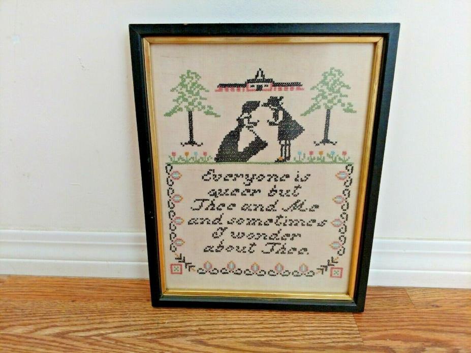 Antique Framed Sampler Cross Stitch Embroidery Needlework Queer But Thee