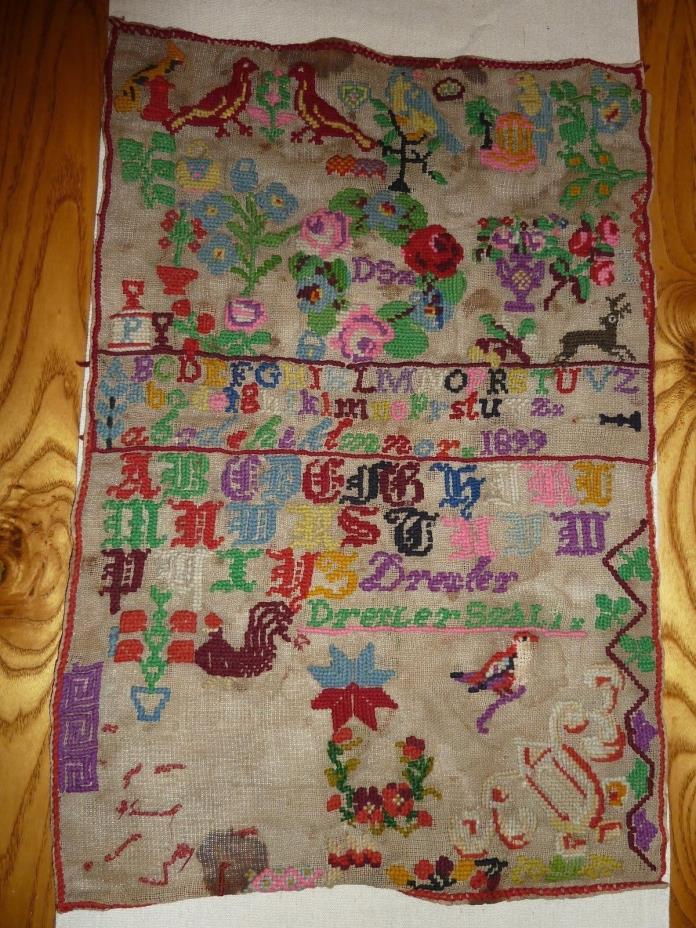 NR-FABULOUS 1899  FOLK ART SAMPLER w/EXUBERANT FLOWERS & BIRDS,  Signed