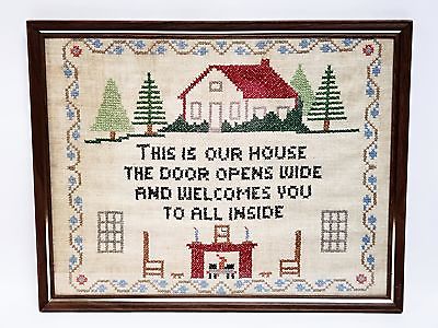 Vintage Cross Stitch Embroidery Sampler -  This Is Our House The Door Opens Wide
