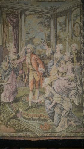 Antique Vtg French Tapestry Colonial Scene Man Blind Folded