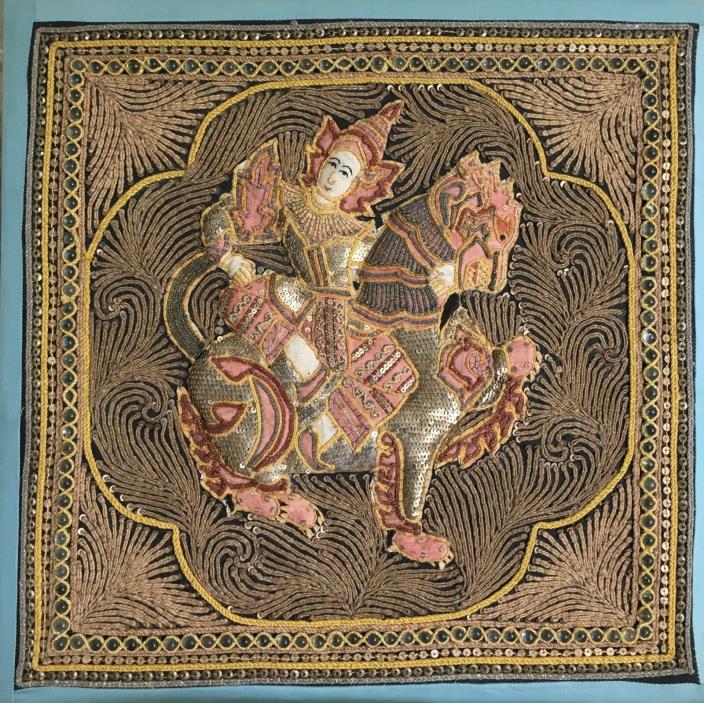 Vtg Burmese Kalaga Embroidery Tapestry Thai Dragon Horse Warrior Glass Beads 19