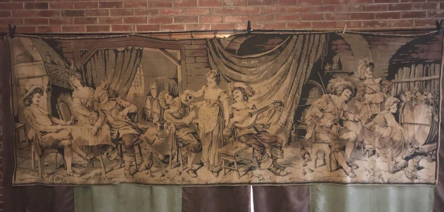 Antique 1800s Tapestry 4'x11' Wall Hanging Parlor Music Bar Scene Aubusson Large