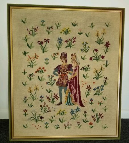 Very Old wool English Hand wooven Framed Tapestry Depicting Dutch & Dutchess.