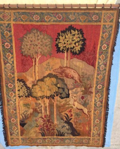 Antique WOVEN WOOL/SILK FRENCH/ENGLISH? TAPESTRY Dog Boar Landscape Scene HUGE