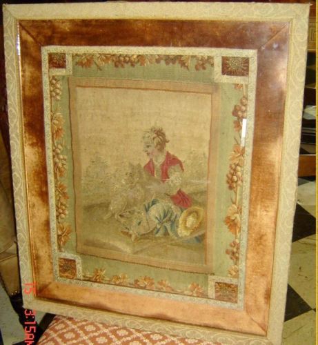 ANTIQUE FRAMED TAPESTRY AUBUSSON LADY & DOG,WOVEN & SILKS,SILVER THREADS C.1790