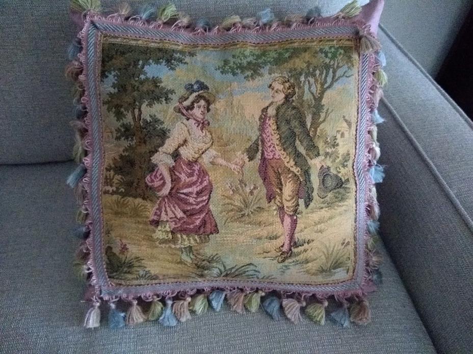 Vintage French Tapestry Pillow COVER ON PINK BROCADE 16