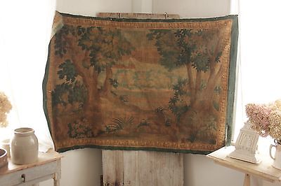 Antique French painted tapestry 1800's Aubusson style wall hanging painted