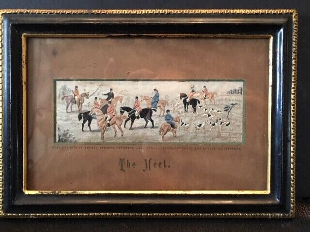 ANTIQUE VICTORIA STEVENGRAPH SILK FOX HUNT SCENE PICTURE THE MEET THOMAS STEVENS