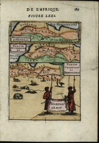 Biledulgerid Northern Africa pictorial animals 1683 Mallet miniature antique map