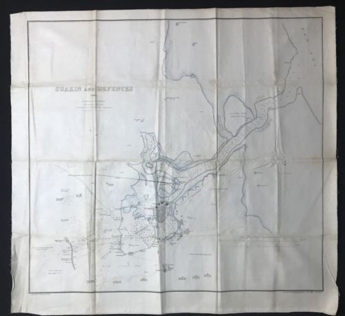 1885 SUAKIN and DEFENCES Antique British Intelligence War Map SUDAN Africa Linen