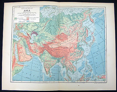 1906 Physical Map Asia Showing Elevations Ocean Depths Statute Miles Kilometers