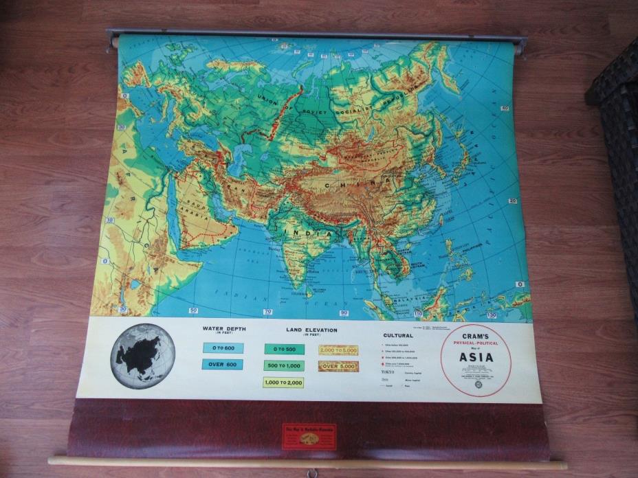 Vintage CRAMS Pull Down Retractable School Map of Asia