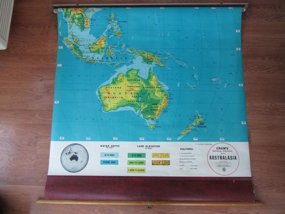 Vintage CRAMS Pull Down Retractable School Map Australsia Australia Indonisia