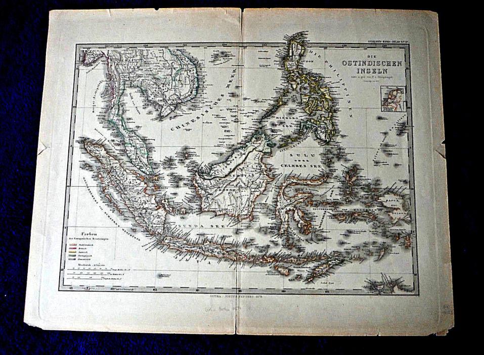 1879 EAST INDIES antique map SE Asia Philippines Java Sumatra Borneo (in German)