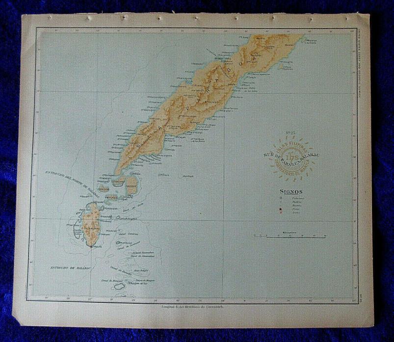 1900 antique map  ISLAND OF PARAGUA -South Palawan Philippines