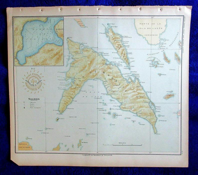 1900 antique map Islands MASBATE & TACAO  Philippines inset Port of Palanog