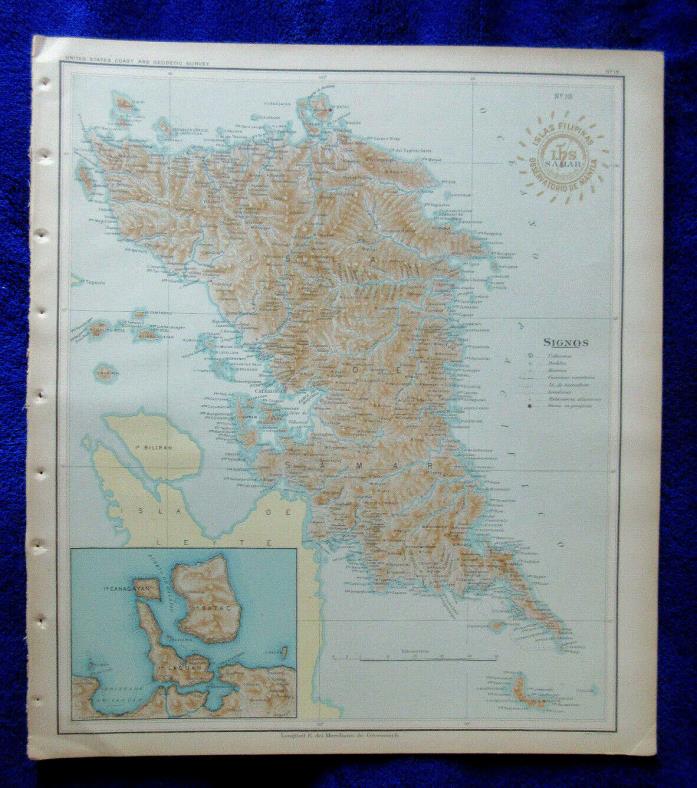 1900 antique map Island SAMAR Philippines w inset Laguan & Batac much detail