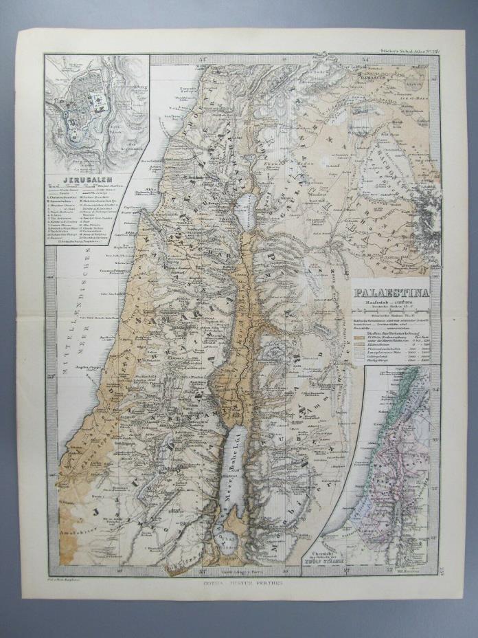 Original Color Map of Palestine, from Stieler's Schul Map, 1874