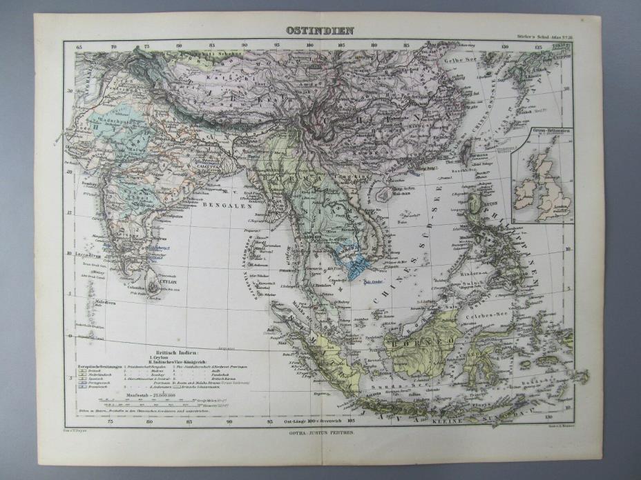 Original Color Map of South Asia from Stieler's Schul Map, 1874