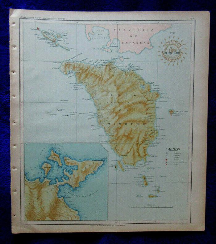 1900 antique map Island MINDORO Philippines inset Puerto Galero large
