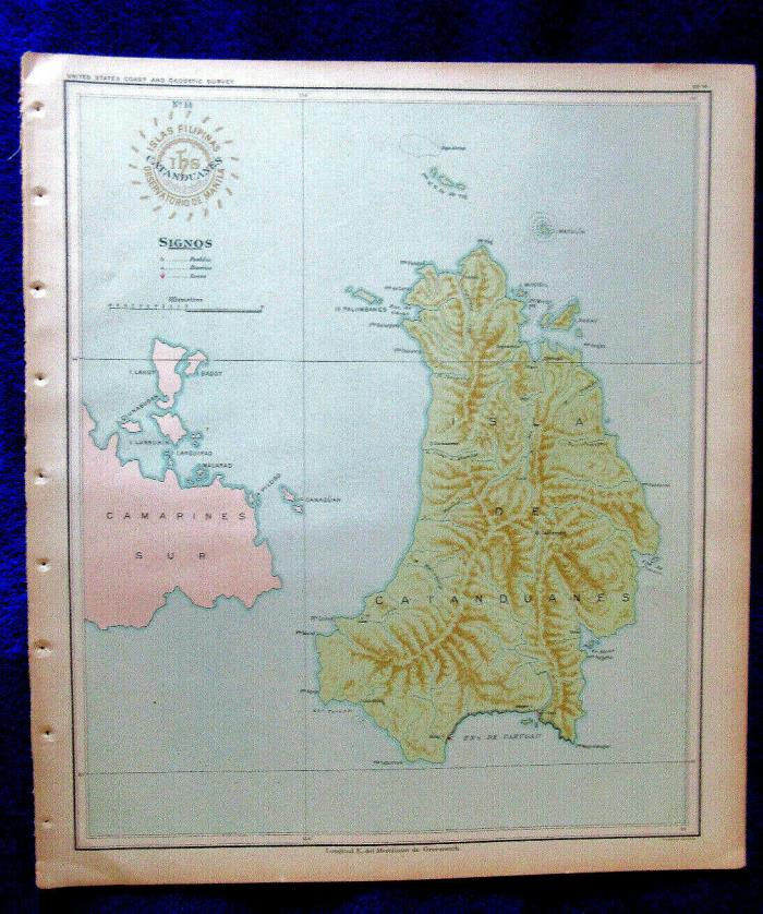 1900 antique map CATANDUANES Island Philippines & nearby islands