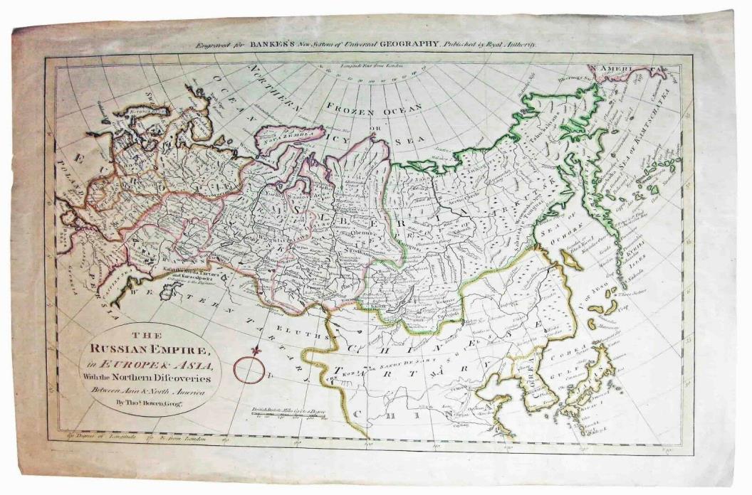 RUSSIAN EMPIRE Antique MAP c1778 THOS BOWEN for BANKES-Northn DISCOVERIES N AMER