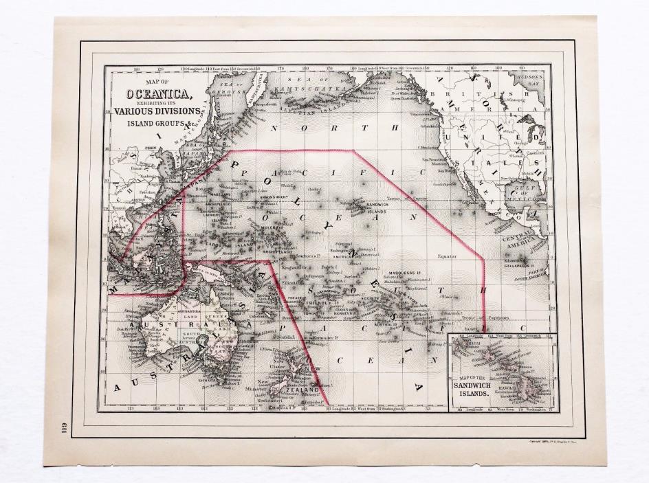 1887 Oceanica Map Philippines Malaysia Australia China Hawaii Zealand ORIGINAL