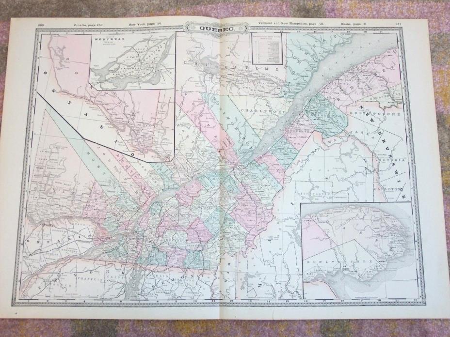 Antique 1890 Map, QUEBEC Province, Original Vintage Atlas Map, 17.5