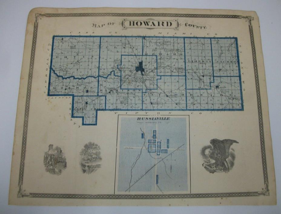 Antique 1876 Indiana Map Atlas Howard Co. Russiaville Kokomo Fairmount Marion