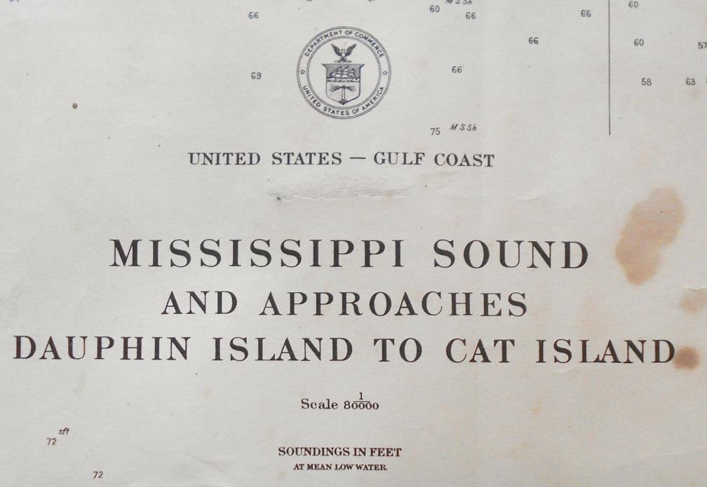 1920 Antique Sea Sailing Coastal Chart Map Mississippi Sound Biloxi