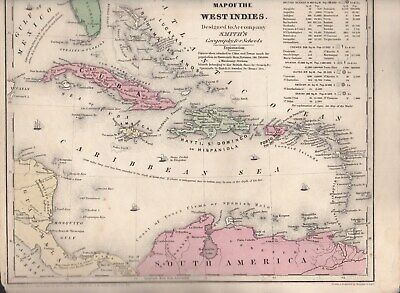 1841 Original Map of The West Indies  Cuba, Haiti, Jamaica  by Smith's Geography