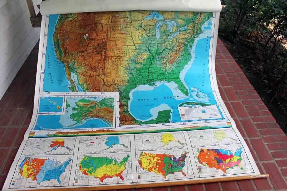 Two (2) Vintage United States & World Wall Mount Pull Down Schoolroom Maps