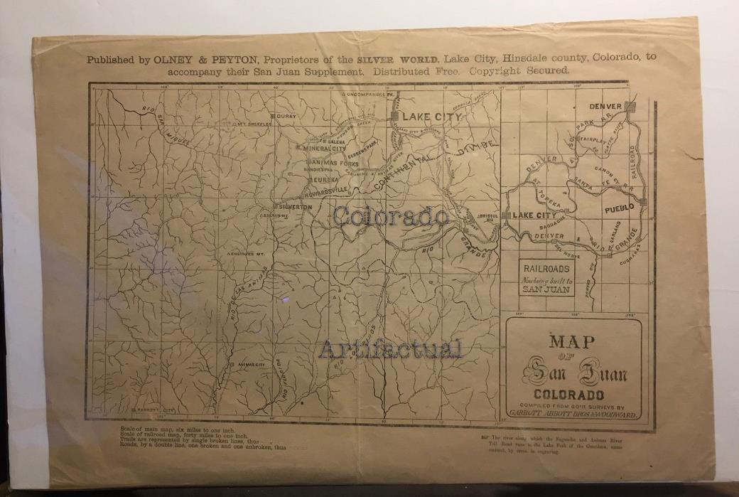 LAKE CITY COLORADO MAP OF SAN JUAN COLORADO Olney & Peyton mining railroads 1877